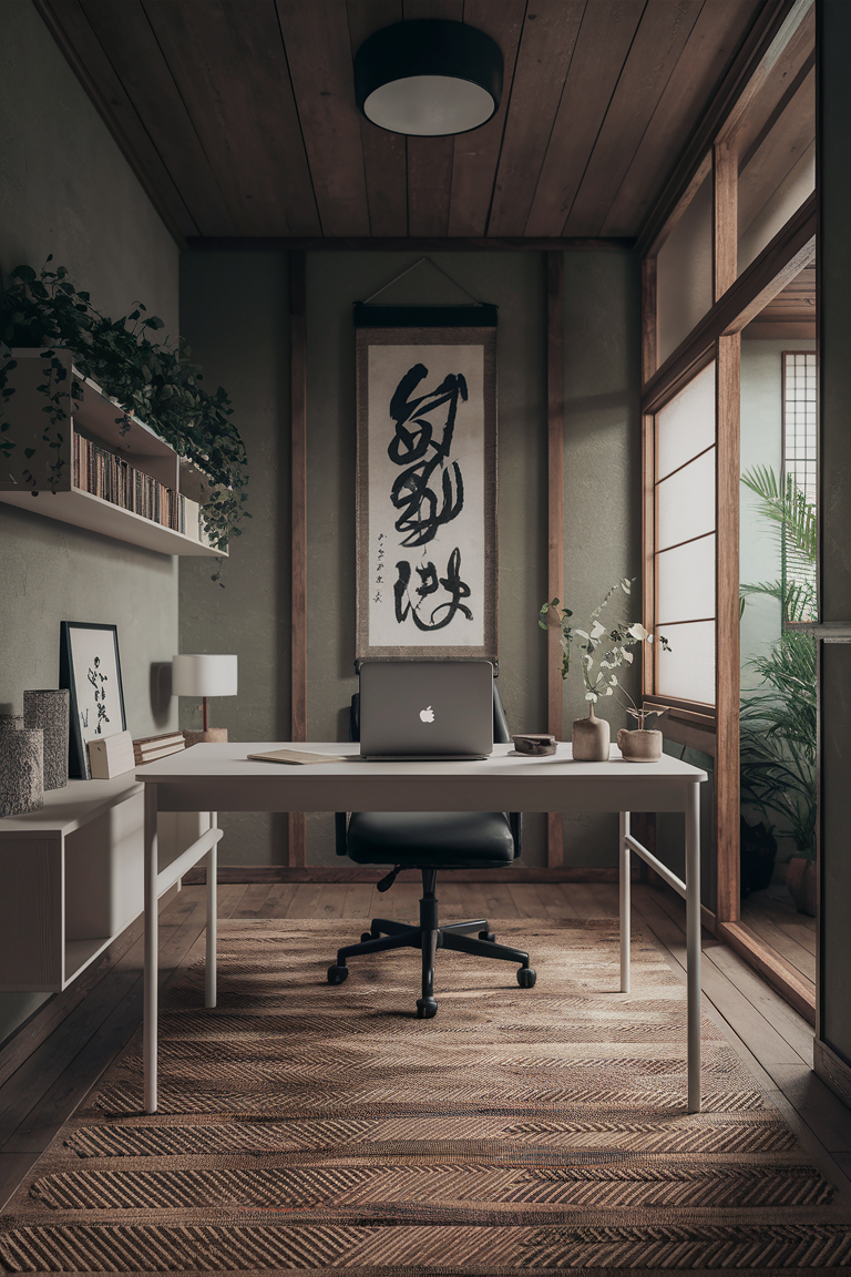 Cozy small office green ideas japandi